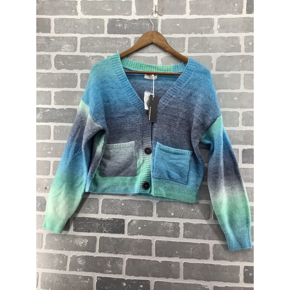 NYC Knits Blue Green‎ Ombre Gradient Button Front Cardigan Sweater Womens Medium